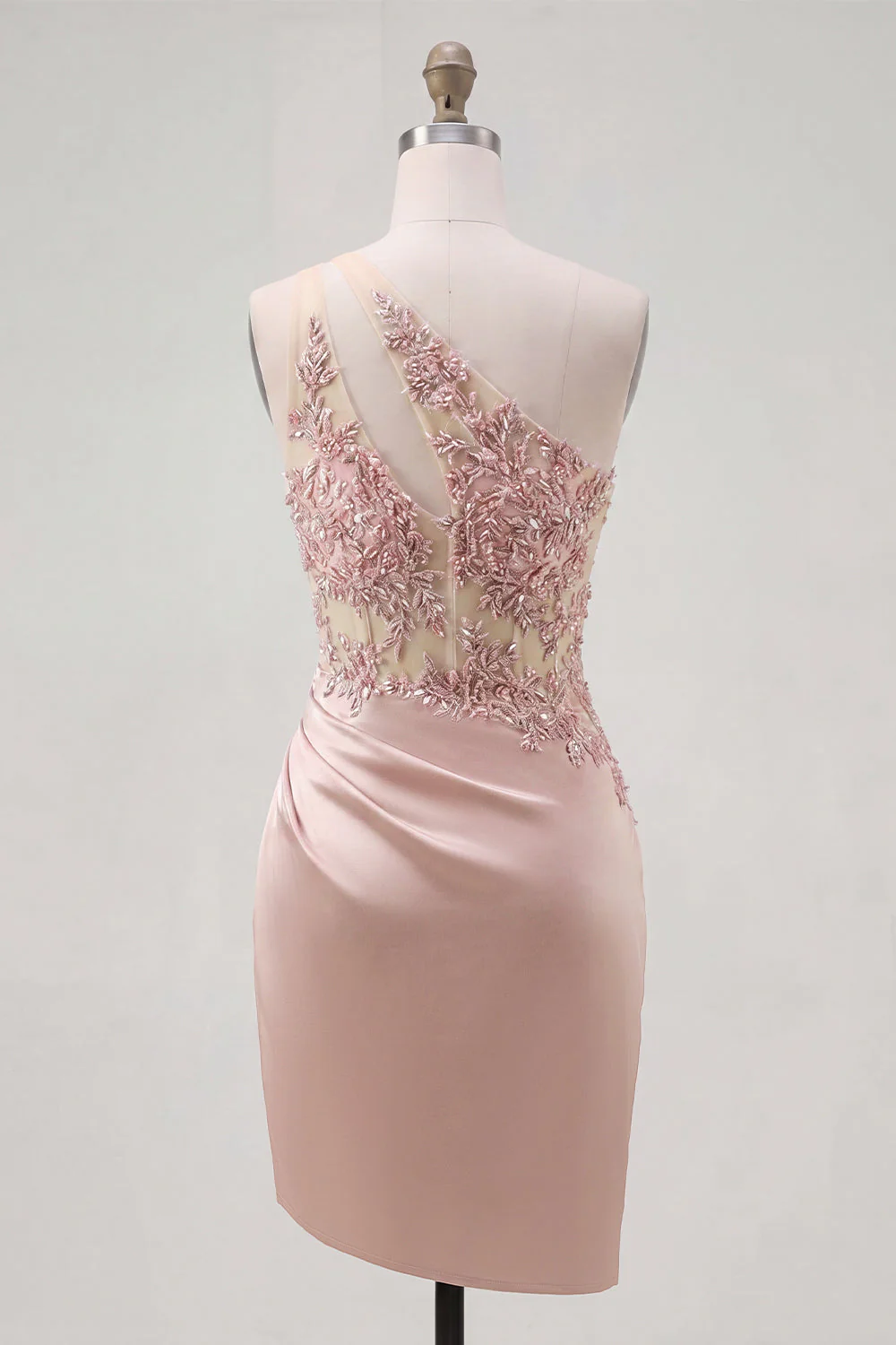 Champagne One Shoulder Bodycon Sheer Corset Ruched Cocktail Dress with Beading - Image 2