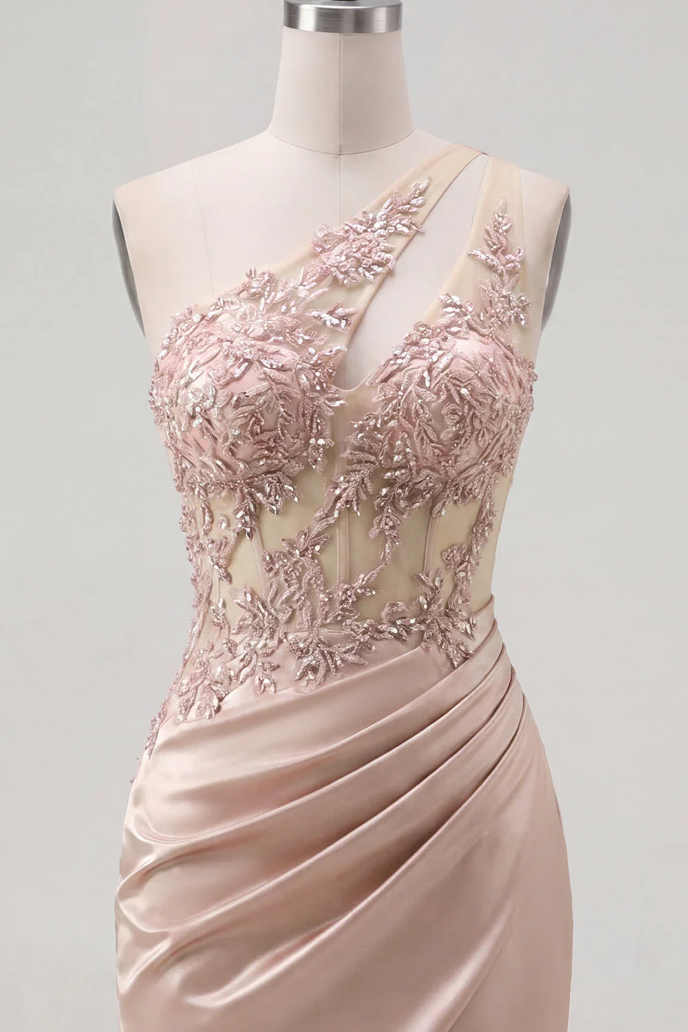Champagne One Shoulder Bodycon Sheer Corset Ruched Cocktail Dress with Beading - Image 5