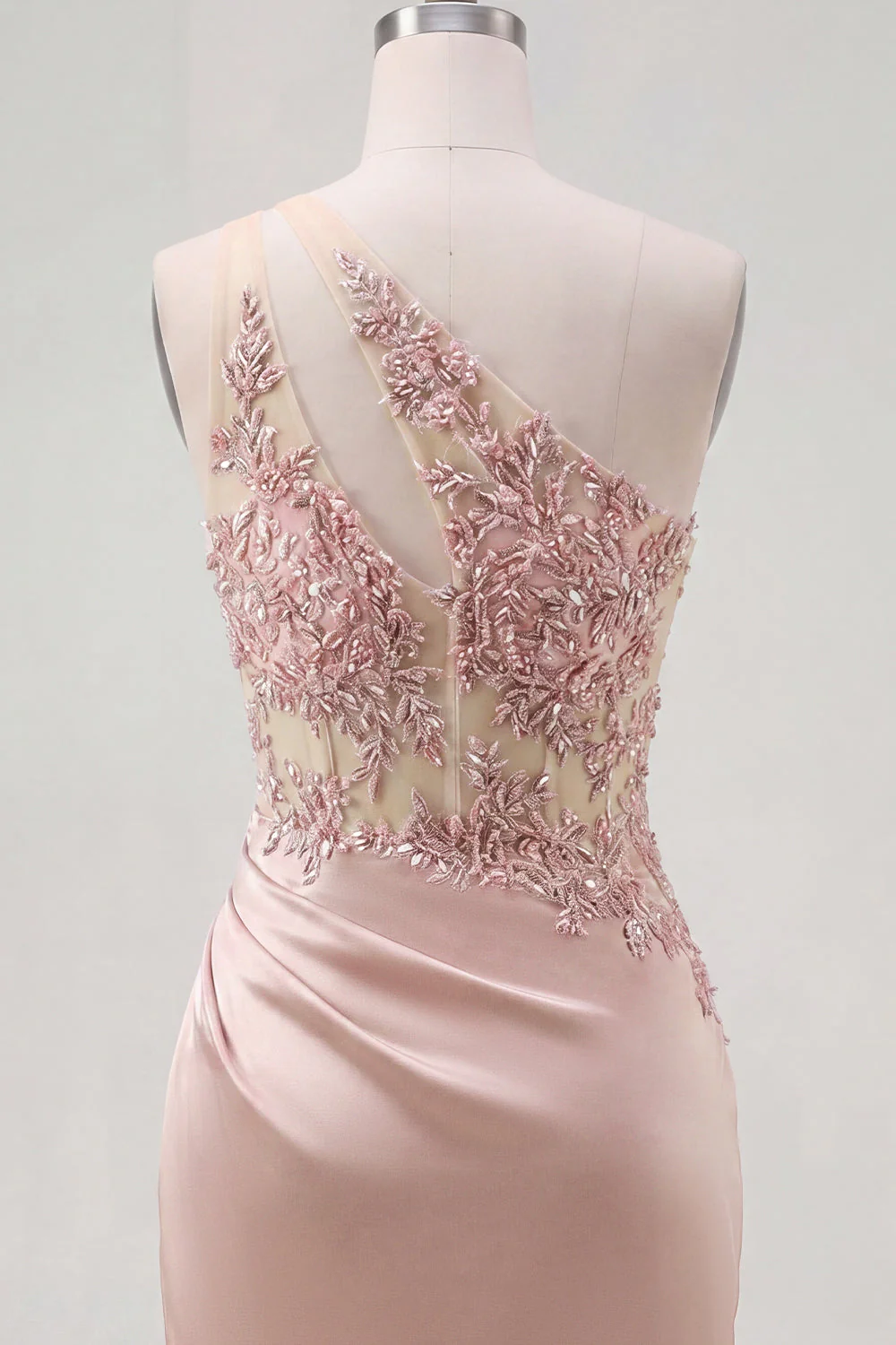 Champagne One Shoulder Bodycon Sheer Corset Ruched Cocktail Dress with Beading - Image 6