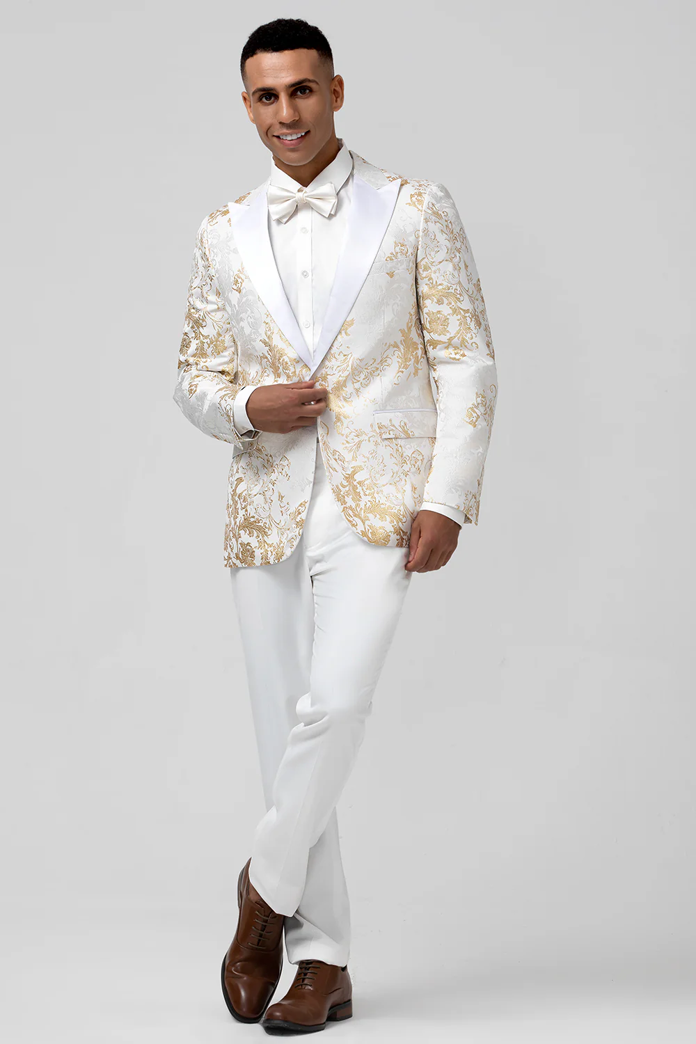 Champagne Peak Lapel Jacquard One Button 2 Pieces Men's Suits - Image 4