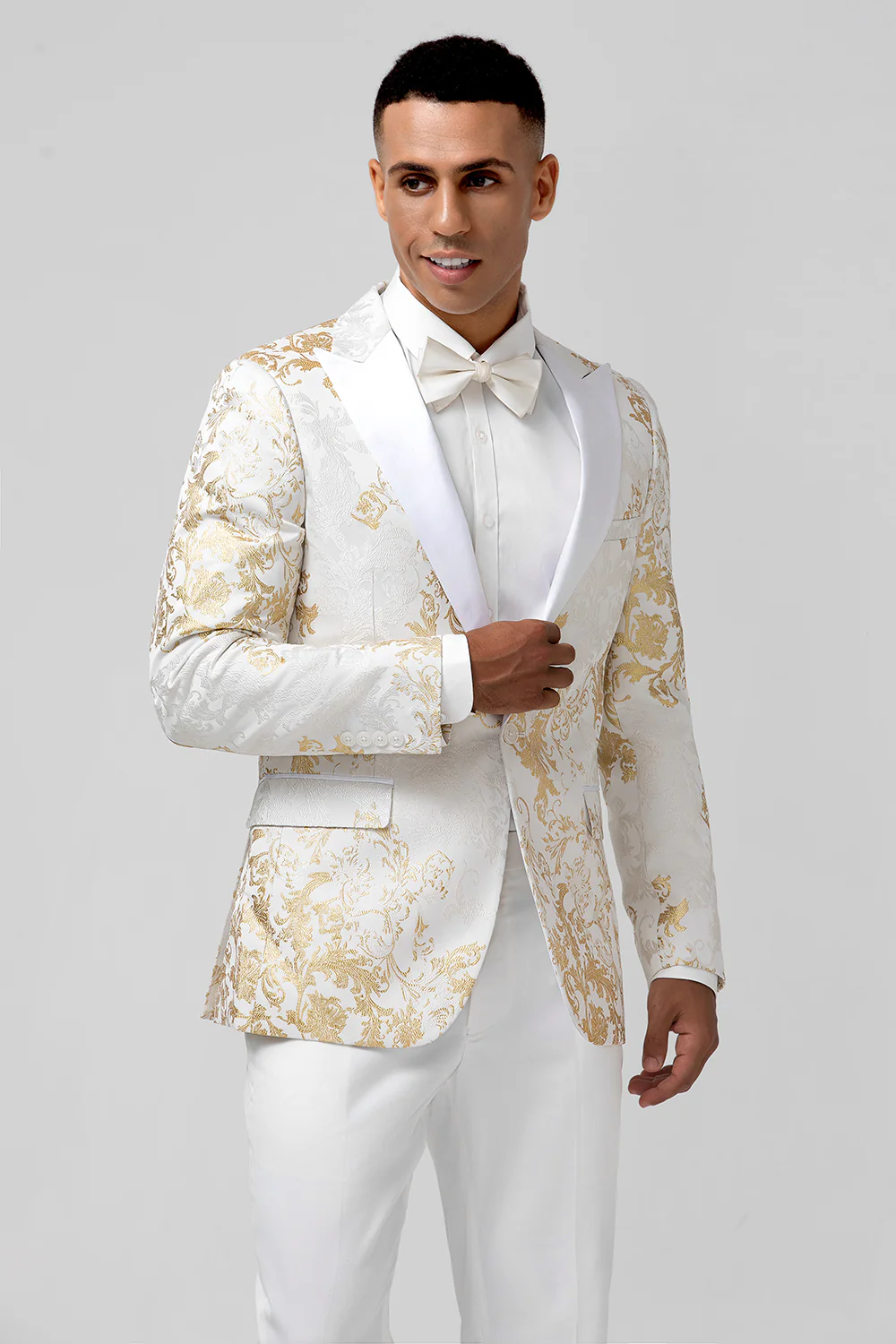 Champagne Peak Lapel Jacquard One Button 2 Pieces Men's Suits - Image 6
