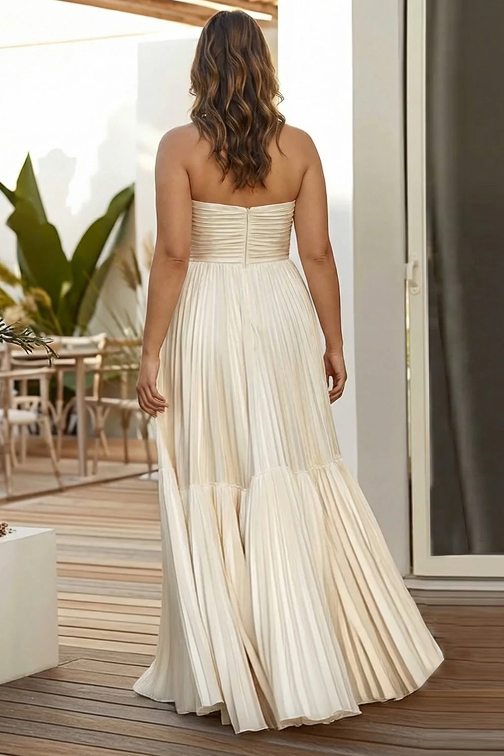 Strapless Champagne Pleated A Line Long Plus Size Wedding Guest Dress - Image 2