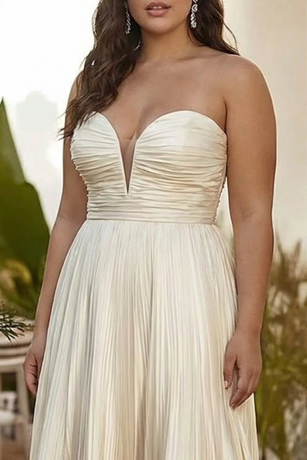 Strapless Champagne Pleated A Line Long Plus Size Wedding Guest Dress - Image 3