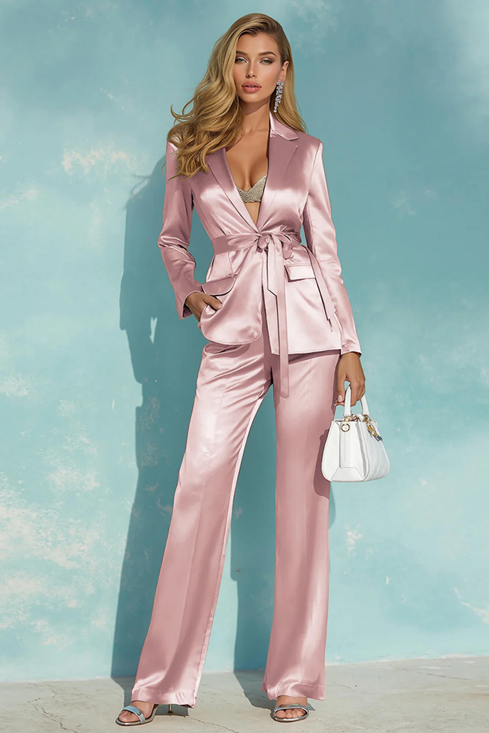 Champagne Satin 2 Piece Women Suits with Belt - Image 3