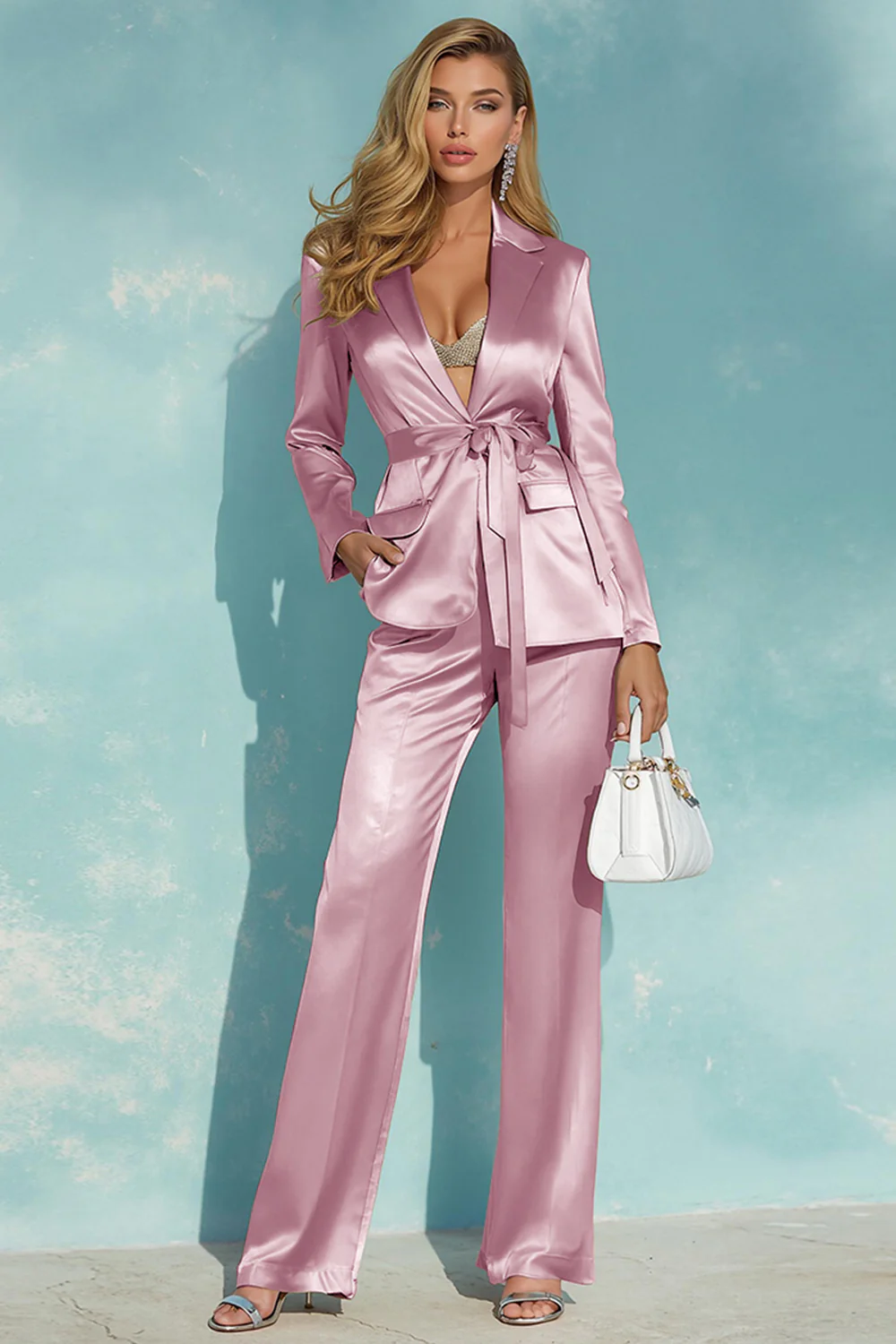 Champagne Satin 2 Piece Women Suits with Belt - Image 8