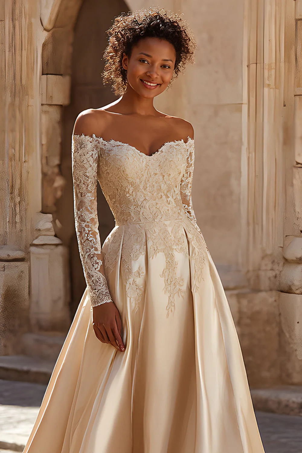 Champagne Satin Off the Shoulder Princess Sweep Train Wedding Dress with Lace - Image 2