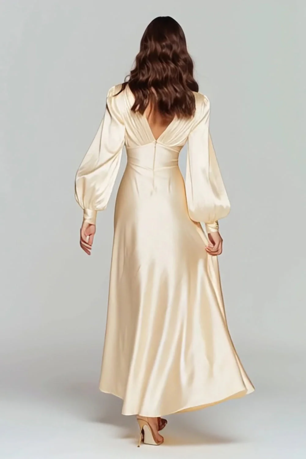 Champagne Satin V-Neck A Line Long Formal Dress - Image 2