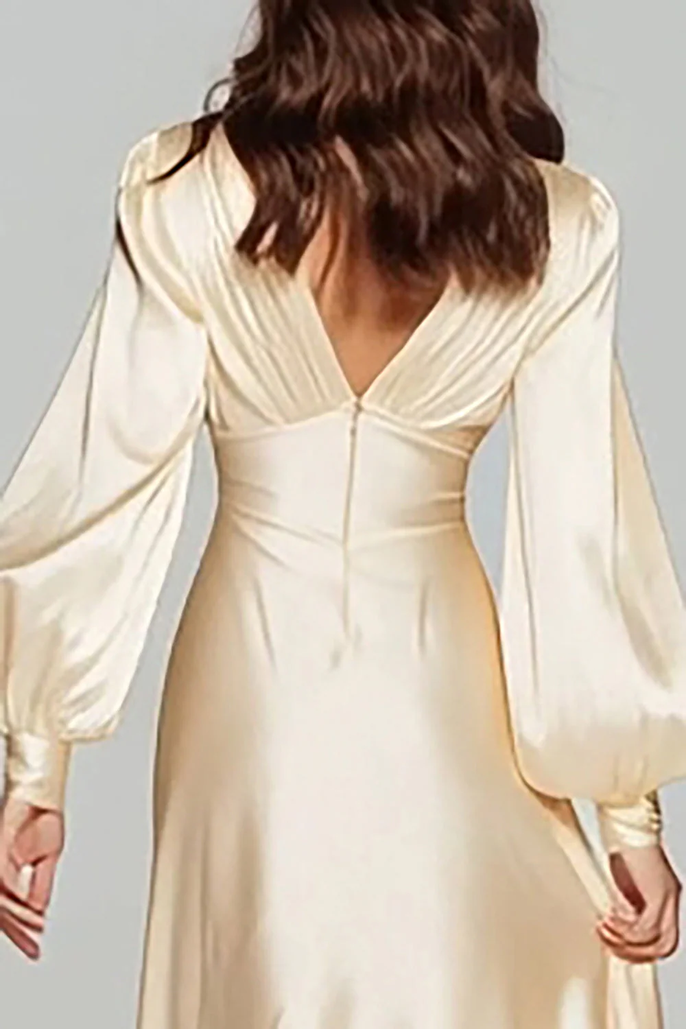 Champagne Satin V-Neck A Line Long Formal Dress - Image 4
