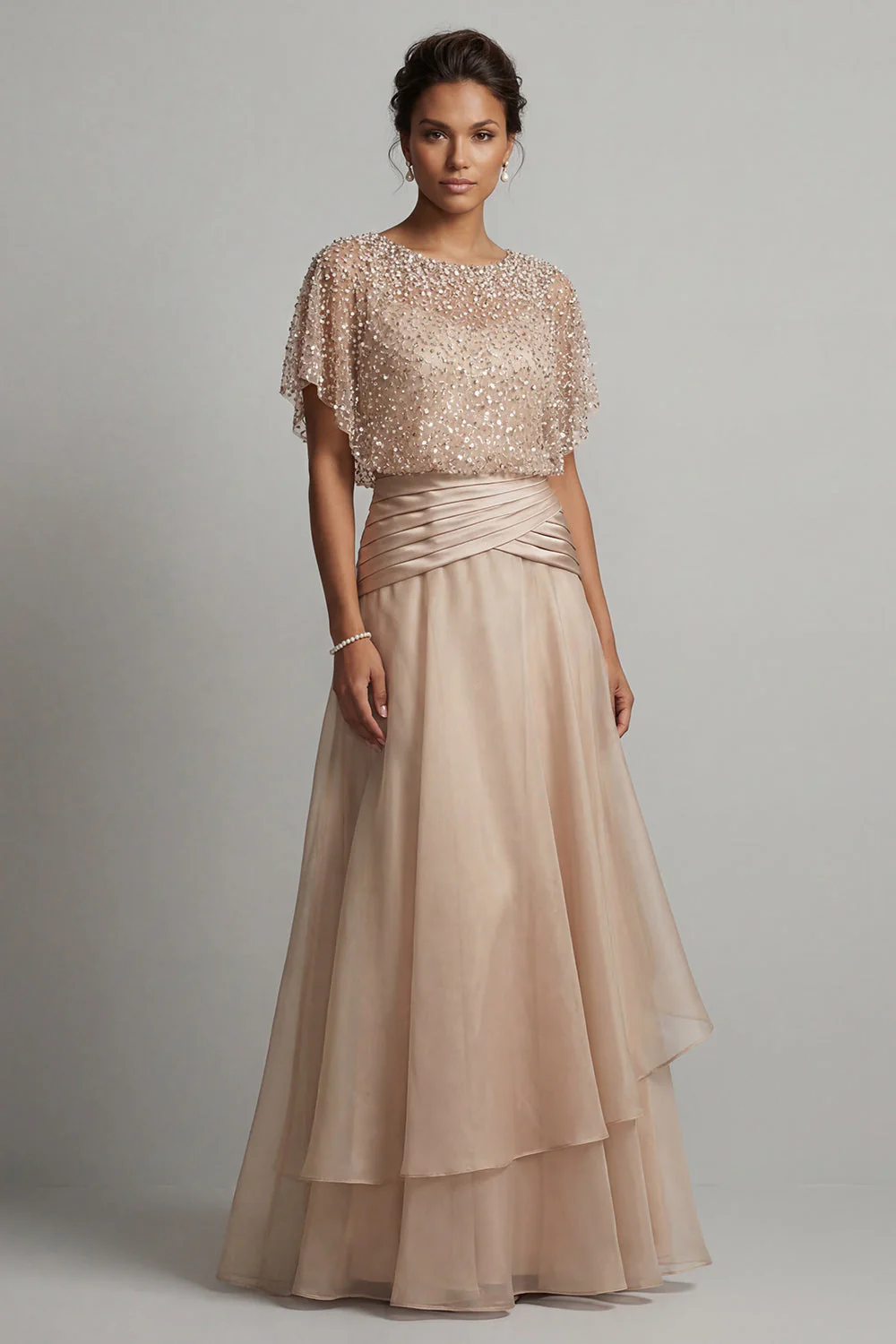 Champagne Sequin A Line Pleated Long Mother of the Bride Dress - Image 3