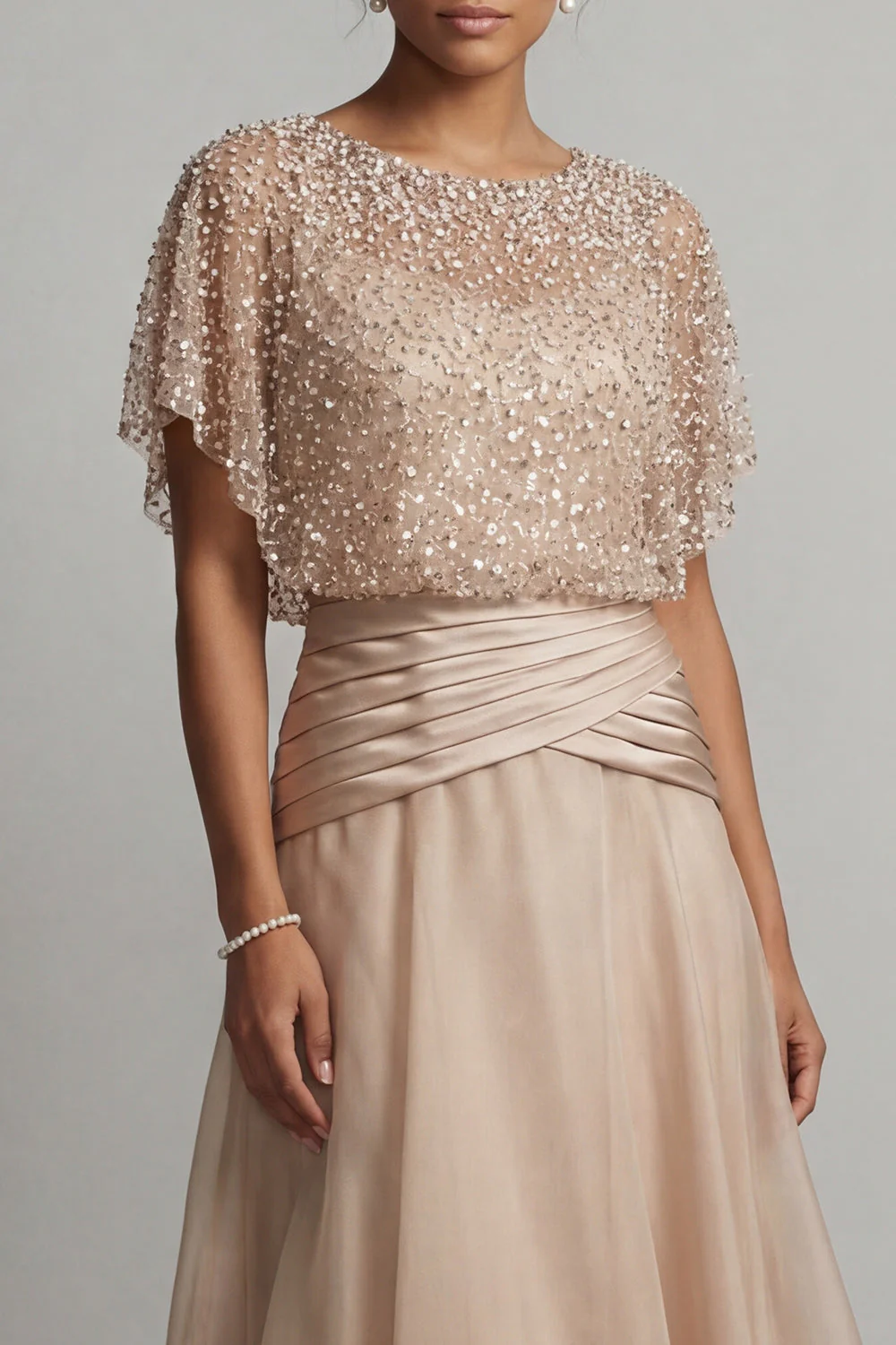 Champagne Sequin A Line Pleated Long Mother of the Bride Dress - Image 4