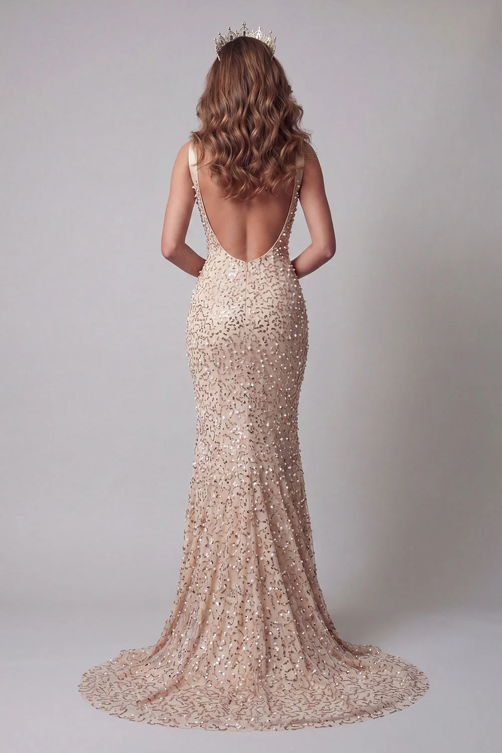 Champagne Mermaid Sequin V Neck Long Evening Dress with Beading - Image 2