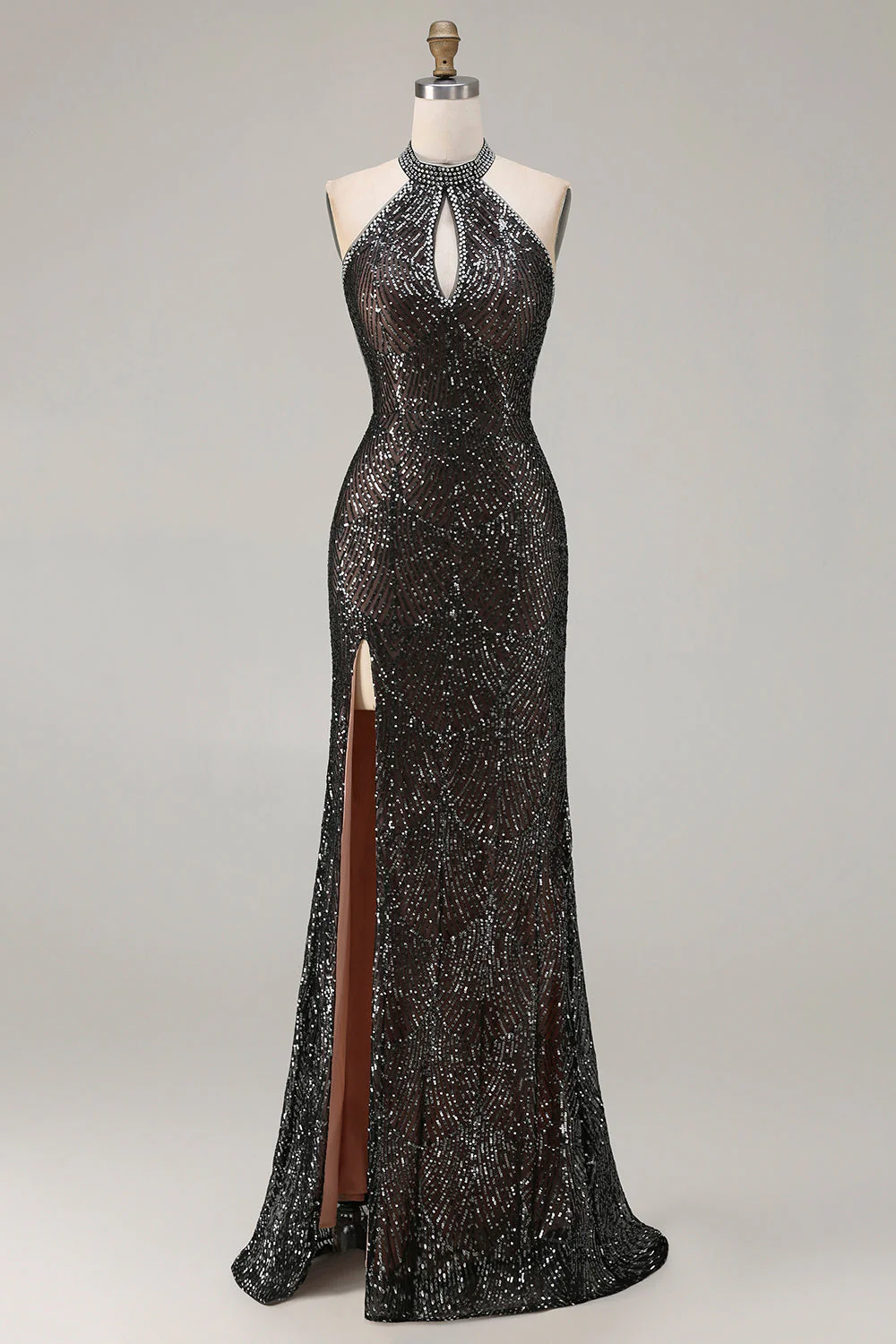 Champagne Sequins Halter Mermaid Beaded Keyhole Long Prom Dress with Slit - Image 7