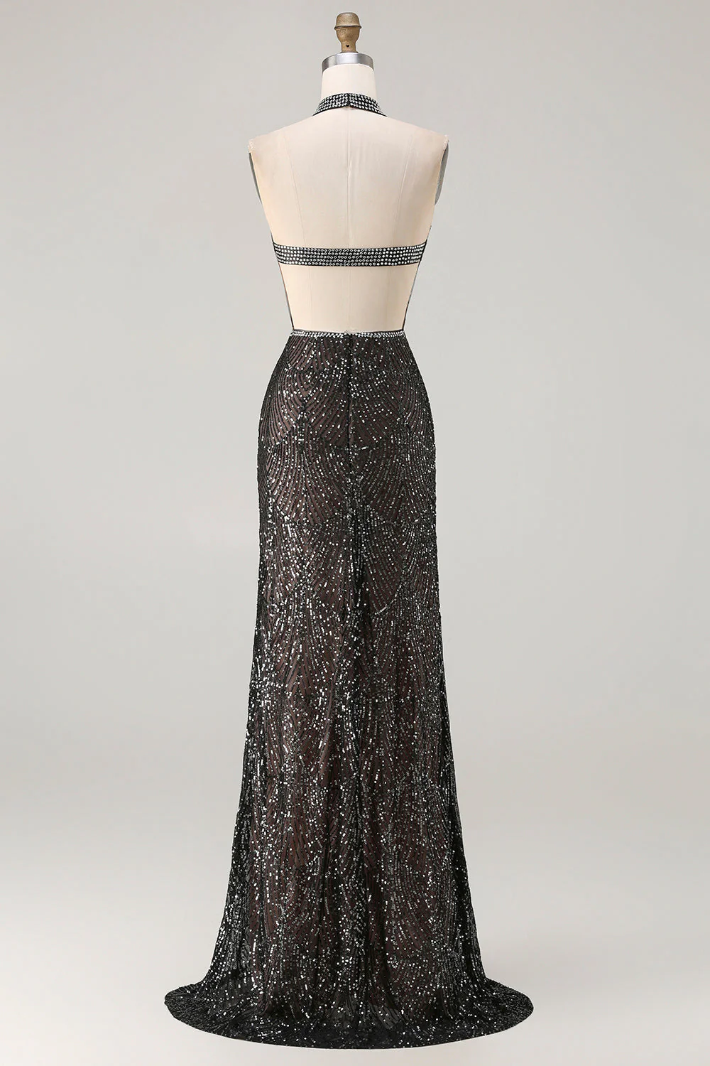 Champagne Sequins Halter Mermaid Beaded Keyhole Long Prom Dress with Slit - Image 8