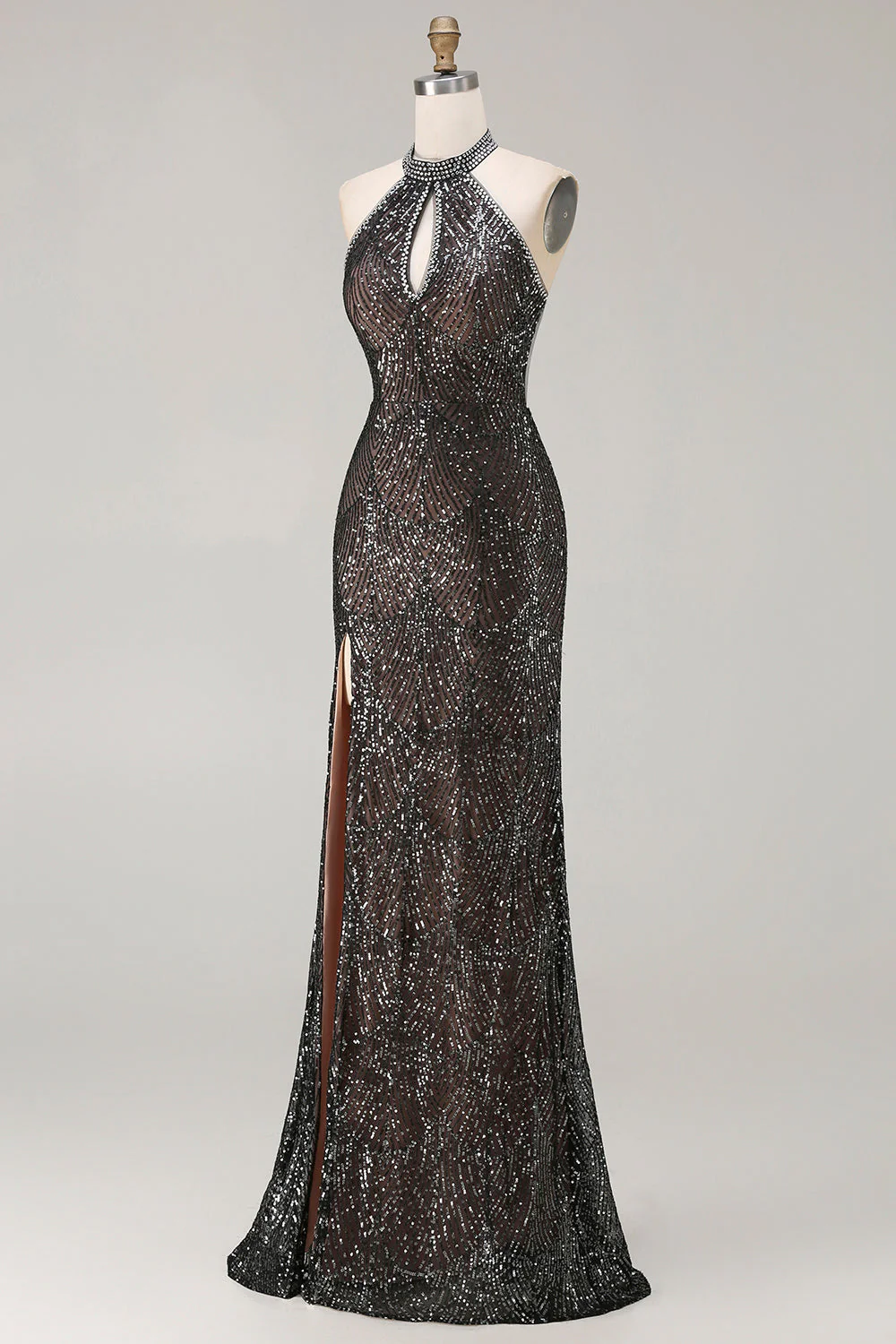 Champagne Sequins Halter Mermaid Beaded Keyhole Long Prom Dress with Slit - Image 9