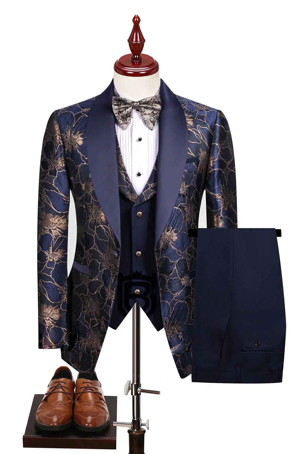 Champagne Shawl Lapel One Button Floral Men's Suits - Image 10