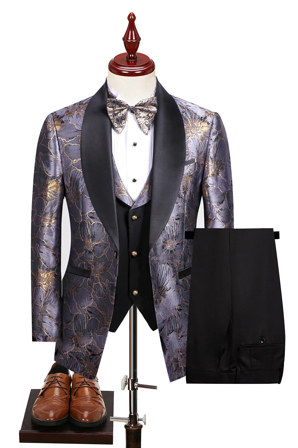 Champagne Shawl Lapel One Button Floral Men's Suits - Image 16