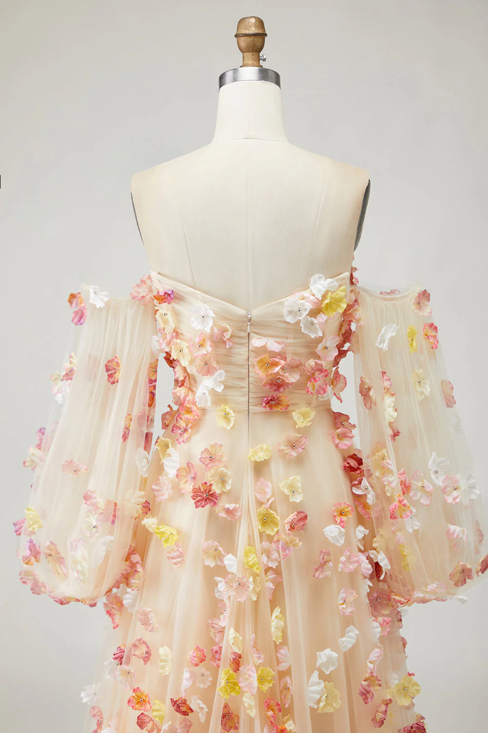 Champagne Strapless A Line 3D Flowers Plus Size Long Prom Dress with Removable Sleeves - Image 10