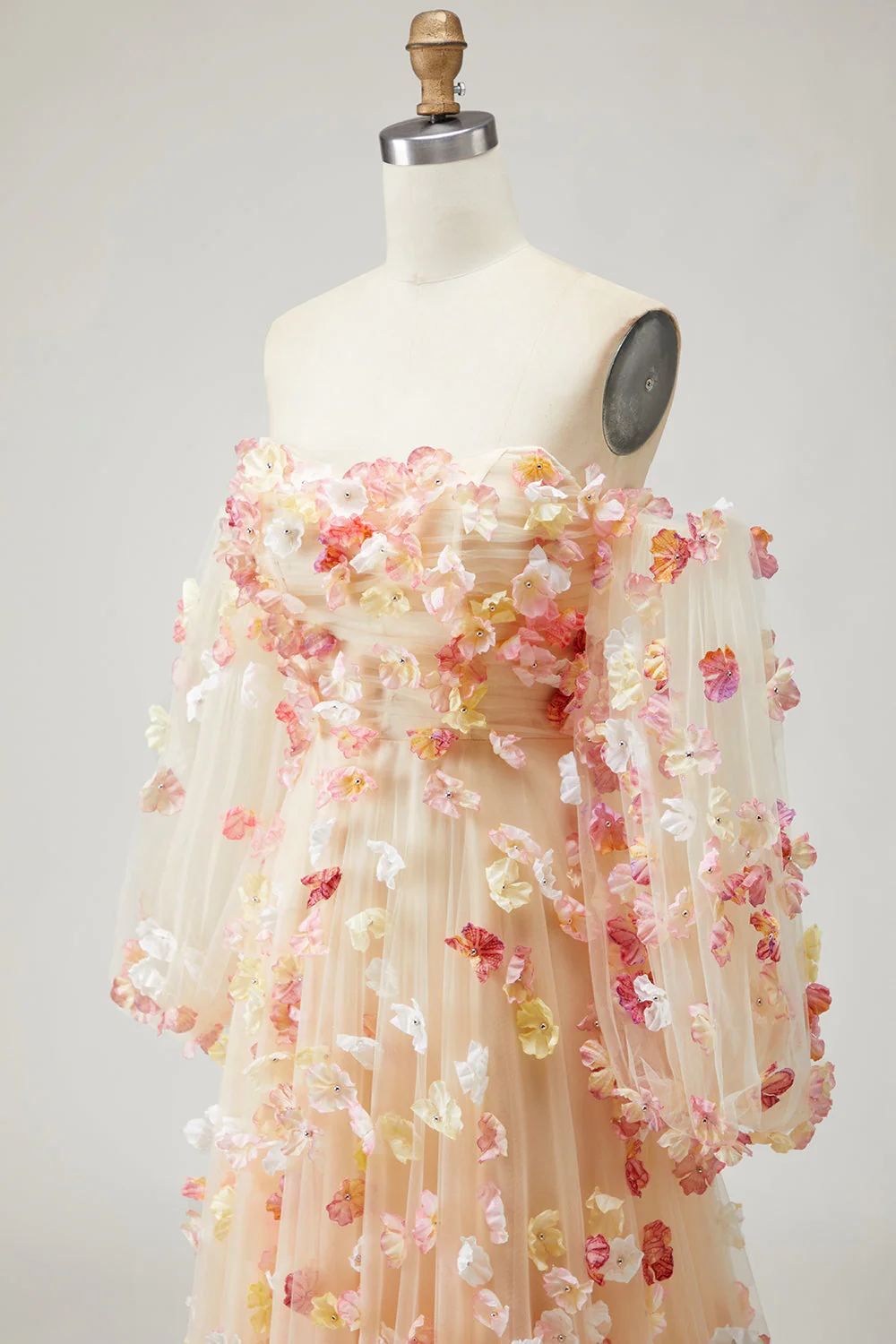 Champagne Strapless A Line 3D Flowers Plus Size Long Prom Dress with Removable Sleeves - Image 11