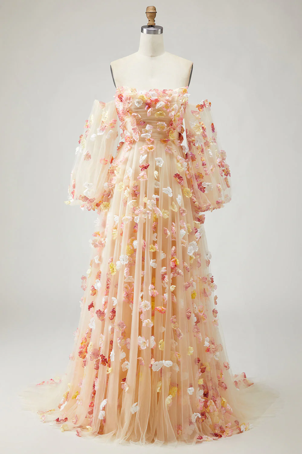 Champagne Strapless A Line 3D Flowers Plus Size Long Prom Dress with Removable Sleeves - Image 4