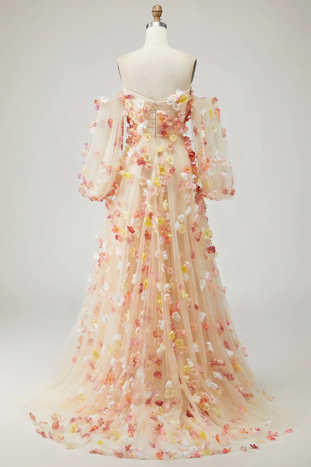 Champagne Strapless A Line 3D Flowers Plus Size Long Prom Dress with Removable Sleeves - Image 5