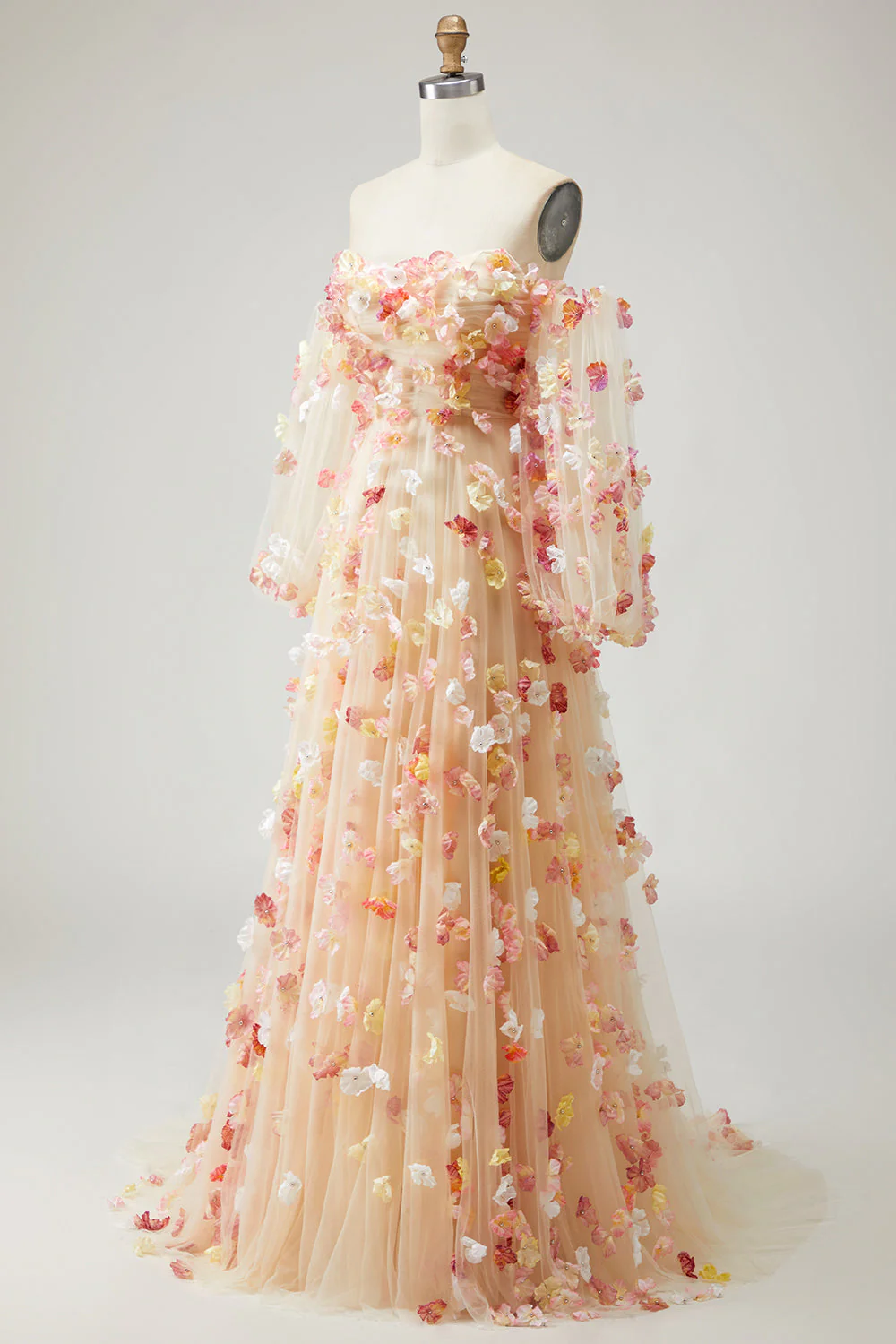 Champagne Strapless A Line 3D Flowers Plus Size Long Prom Dress with Removable Sleeves - Image 6