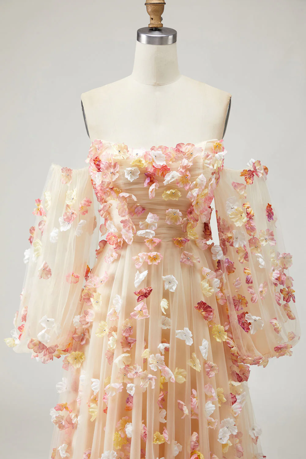 Champagne Strapless A Line 3D Flowers Plus Size Long Prom Dress with Removable Sleeves - Image 9