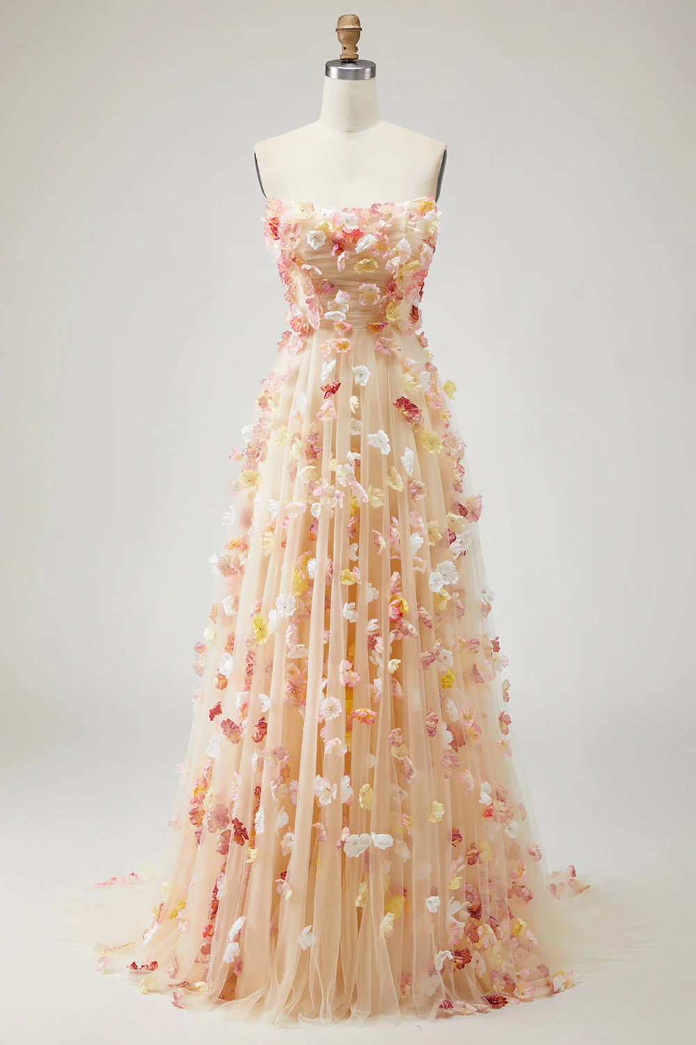 Champagne Strapless A Line Tulle Convertible Long Prom Dress with 3D Flowers - Image 6