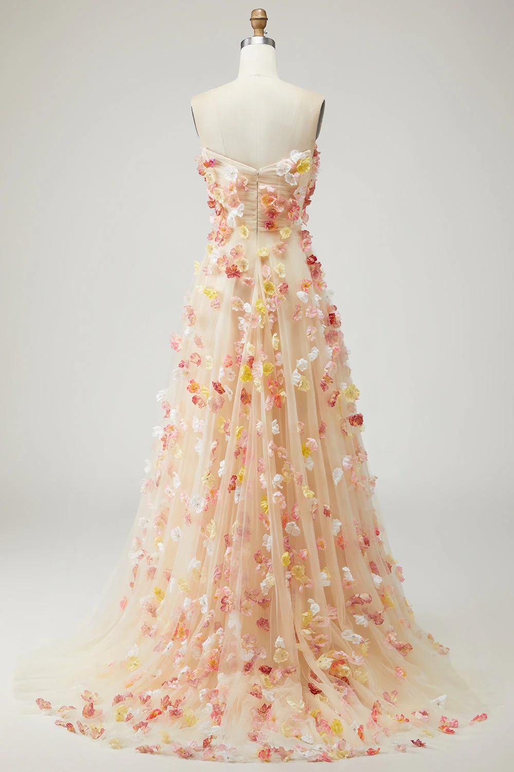 Champagne Strapless A Line Tulle Convertible Long Prom Dress with 3D Flowers - Image 7