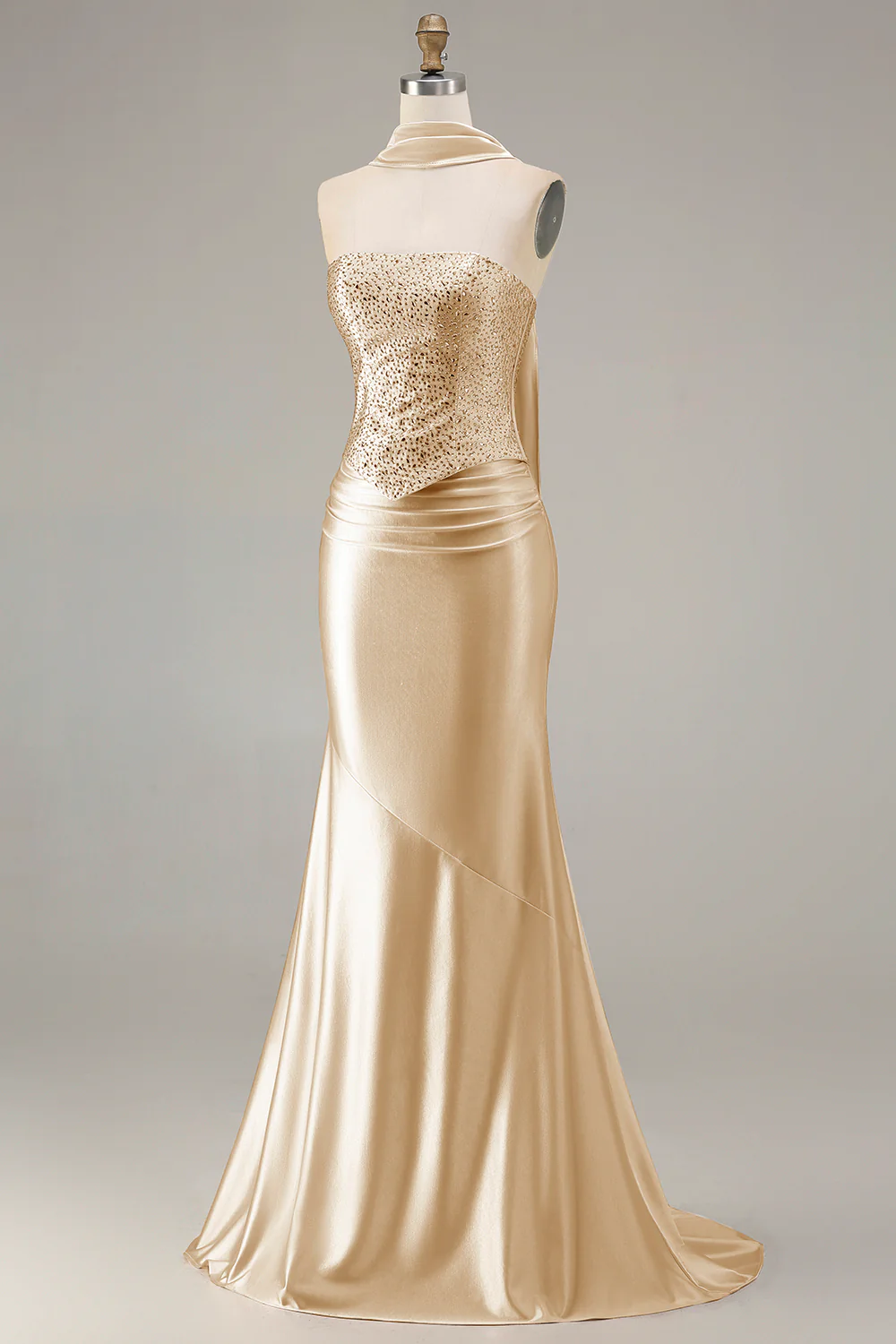 Champagne Strapless Mermaid Beaded Convertible Long Prom Dress - Image 3
