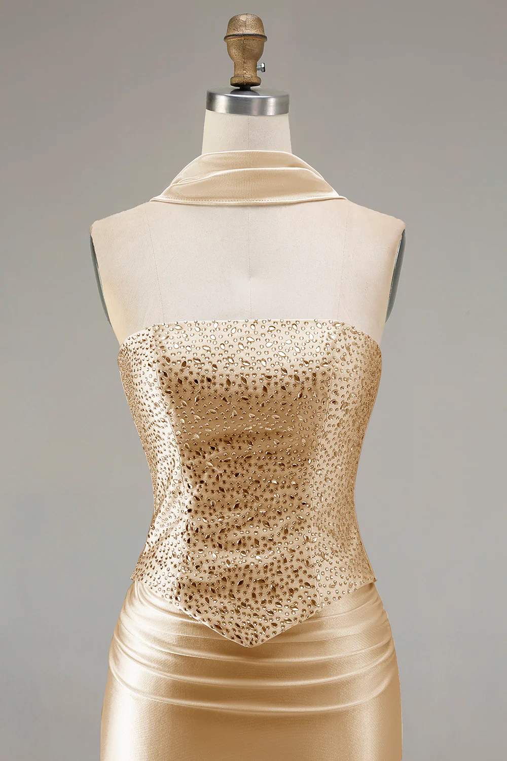 Champagne Strapless Mermaid Beaded Convertible Long Prom Dress - Image 4