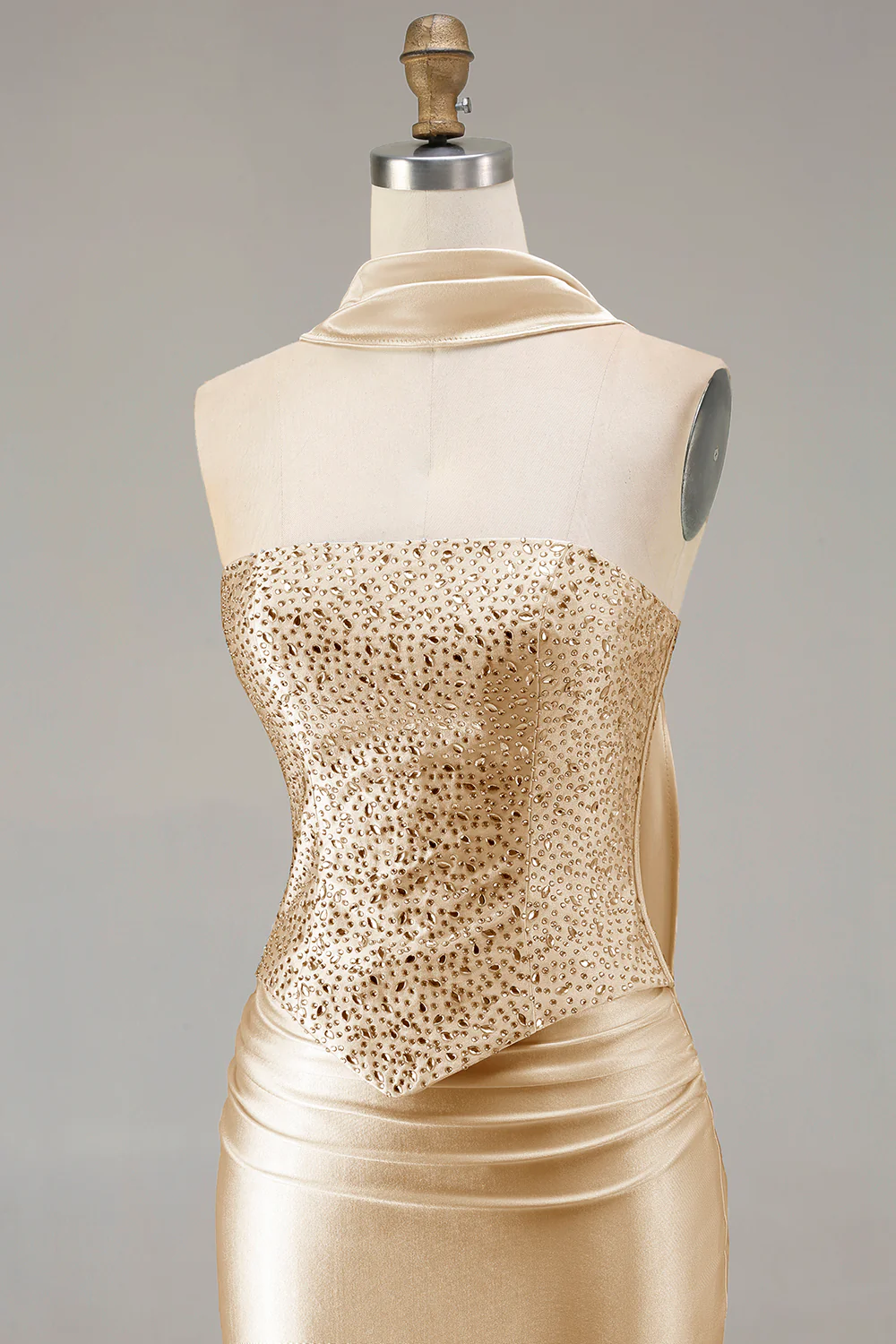 Champagne Strapless Mermaid Beaded Convertible Long Prom Dress - Image 6