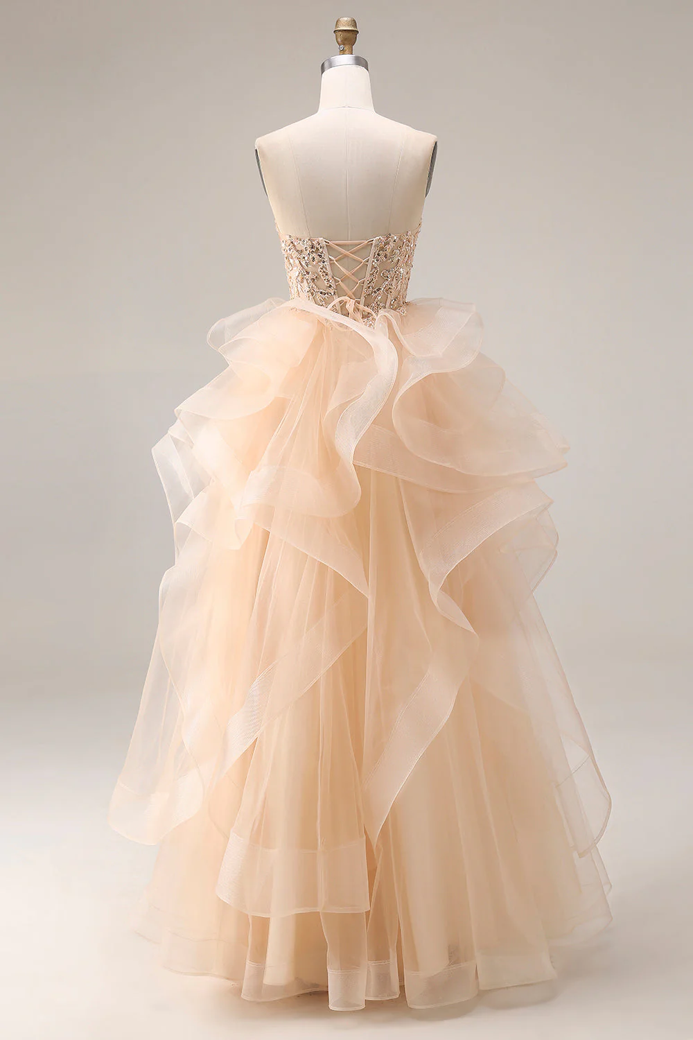 Champagne Princess Strapless Organza Long Prom Dress with Ruffles - Image 2