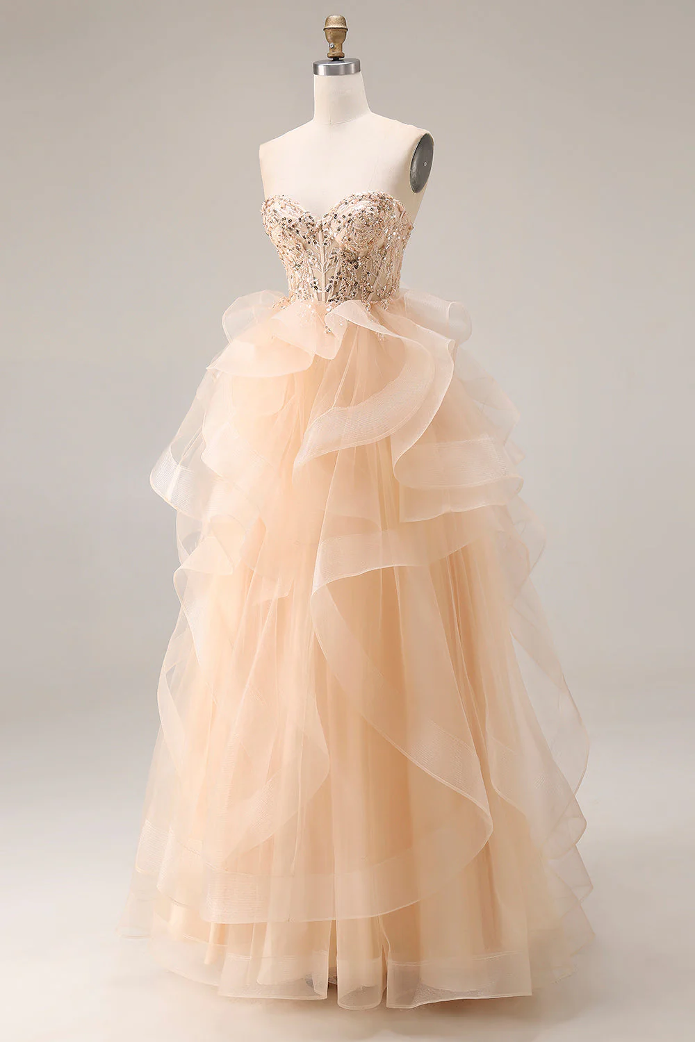 Champagne Princess Strapless Organza Long Prom Dress with Ruffles - Image 3