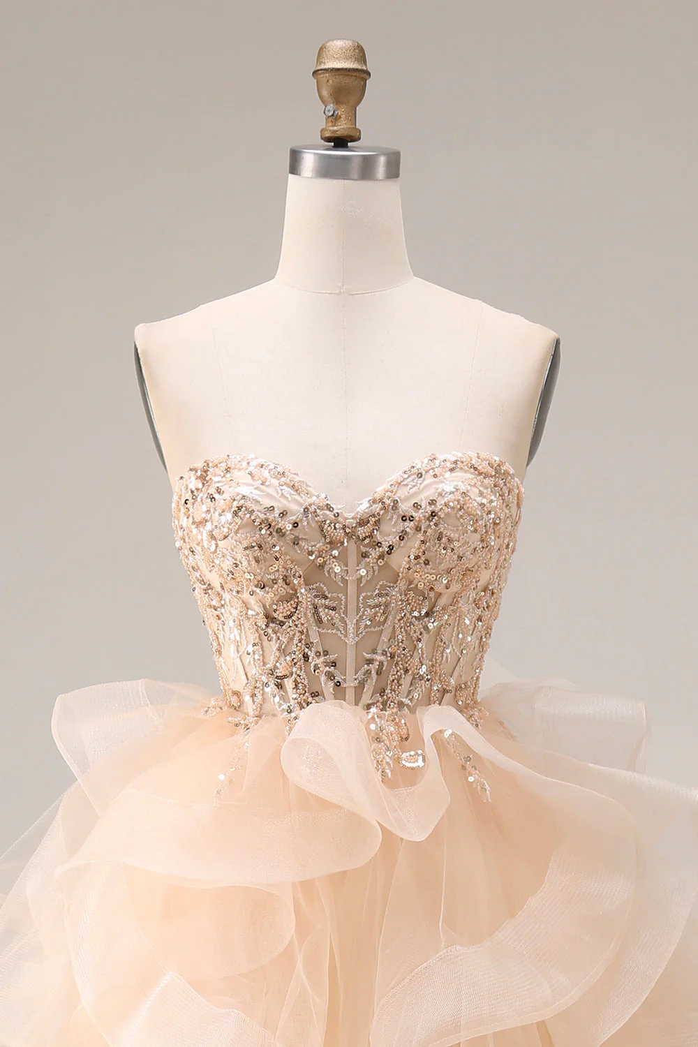 Champagne Princess Strapless Organza Long Prom Dress with Ruffles - Image 4
