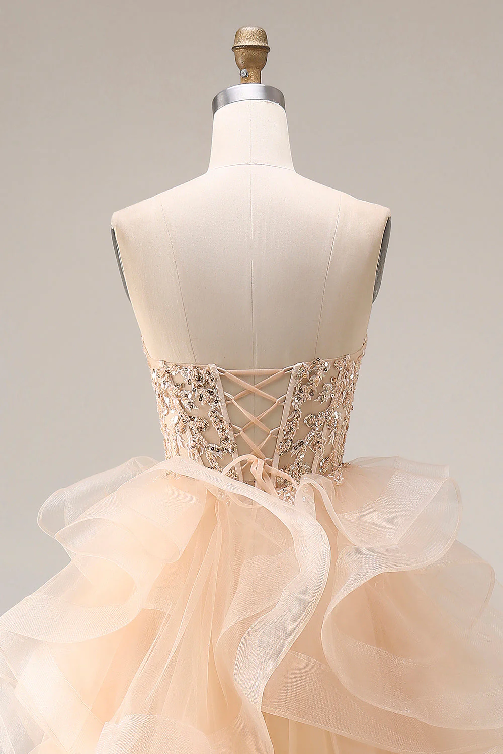 Champagne Princess Strapless Organza Long Prom Dress with Ruffles - Image 5
