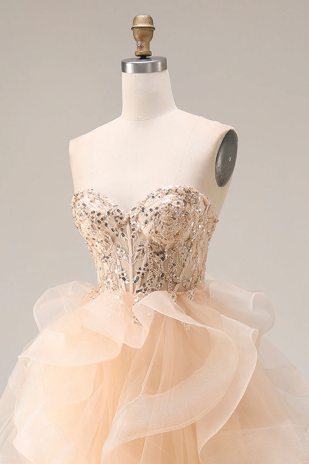 Champagne Princess Strapless Organza Long Prom Dress with Ruffles - Image 6