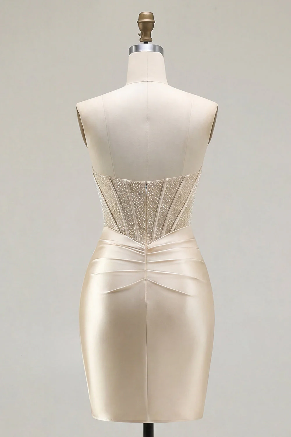 Champagne Sweetheart Satin Ruched Beaded Corset Party Dress with Slit - Image 2