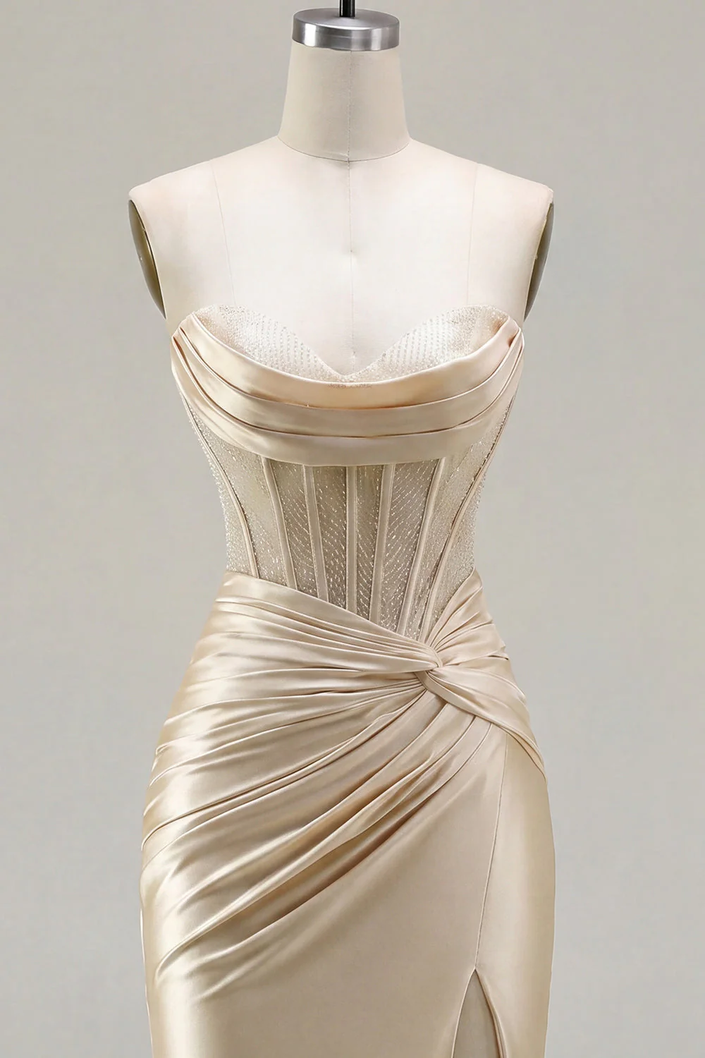 Champagne Sweetheart Satin Ruched Beaded Corset Party Dress with Slit - Image 7