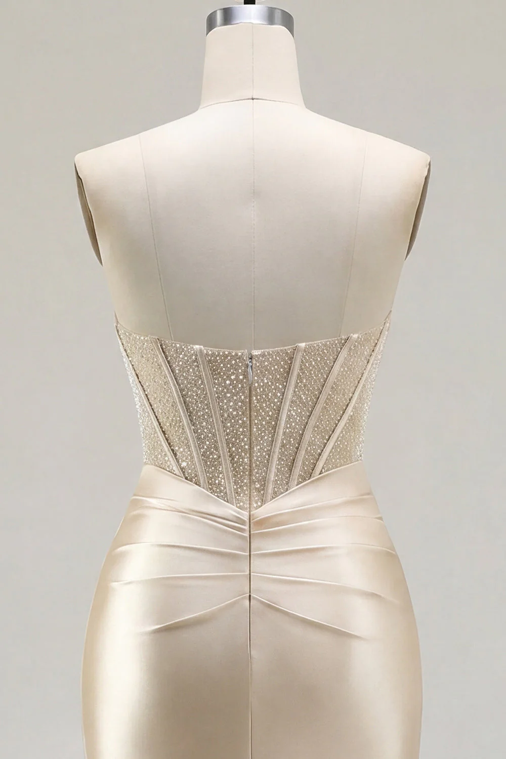 Champagne Sweetheart Satin Ruched Beaded Corset Party Dress with Slit - Image 8