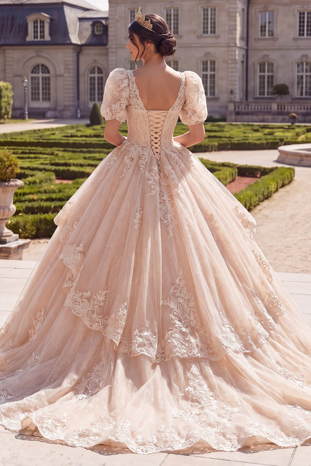 Champagne Ball Gown V-Neck Quinceanera Dress with Puff Sleeves - Image 2