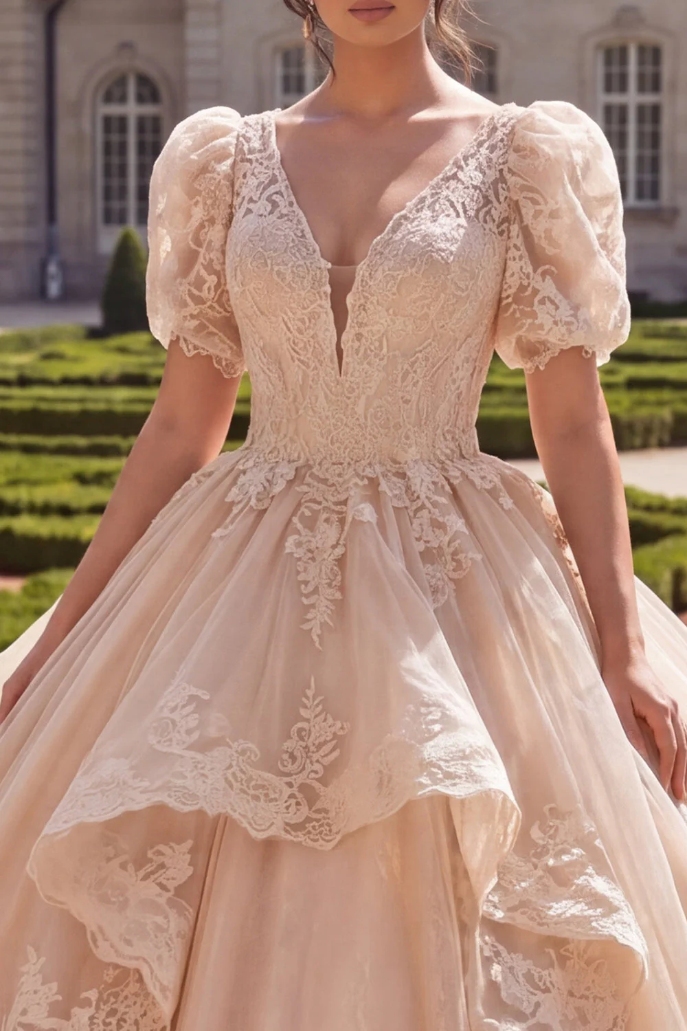 Champagne Ball Gown V-Neck Quinceanera Dress with Puff Sleeves - Image 3