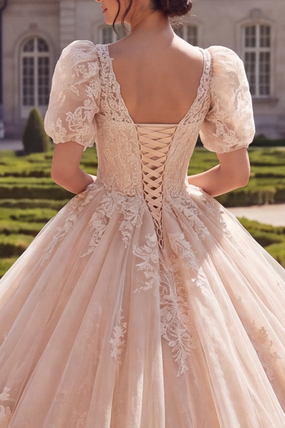 Champagne Ball Gown V-Neck Quinceanera Dress with Puff Sleeves - Image 4