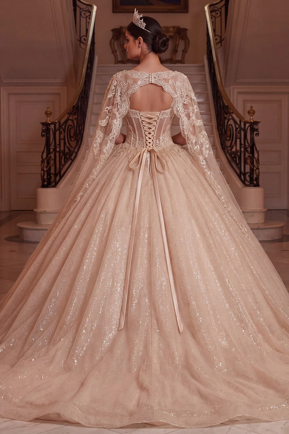 Sparkly Champagne Corset Ball Gown Quinceanera Dress with Cape Sleeves - Image 2