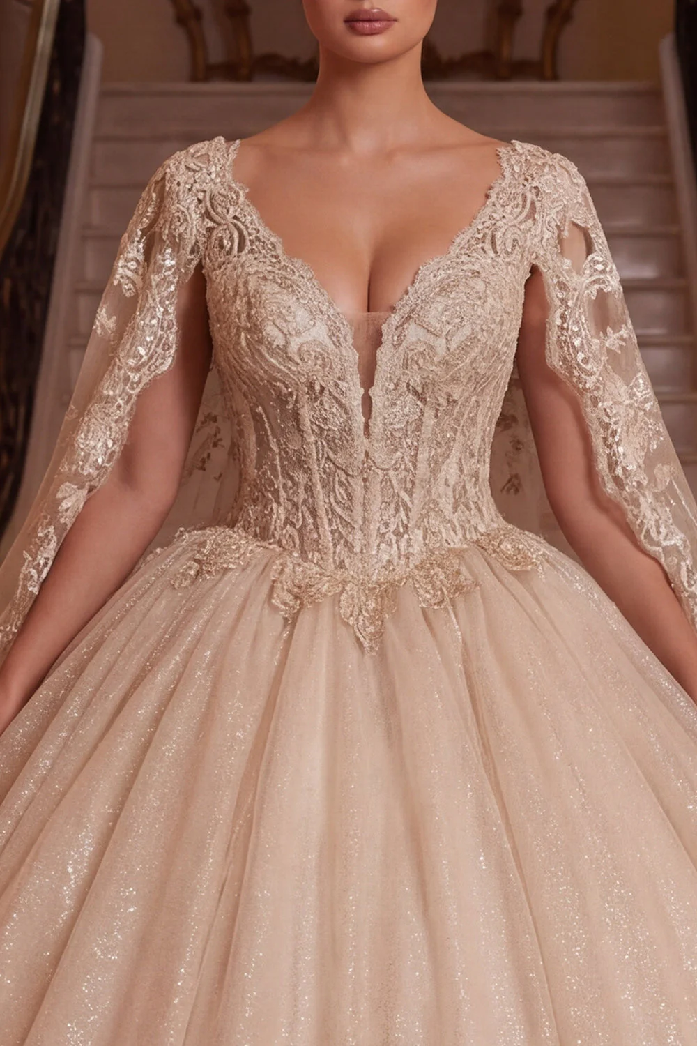 Sparkly Champagne Corset Ball Gown Quinceanera Dress with Cape Sleeves - Image 3