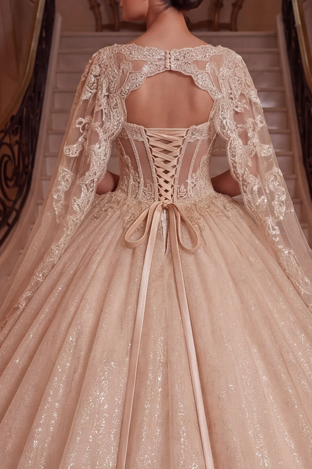 Sparkly Champagne Corset Ball Gown Quinceanera Dress with Cape Sleeves - Image 4