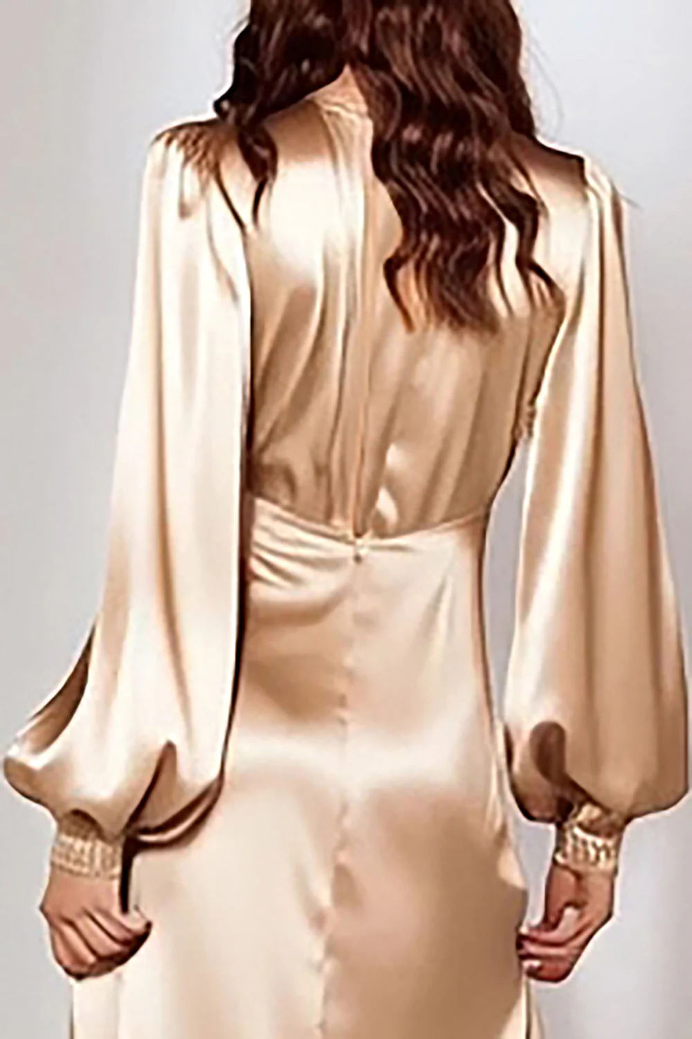 Champagne V-Neck Satin Long Sleeves Formal Dress - Image 4