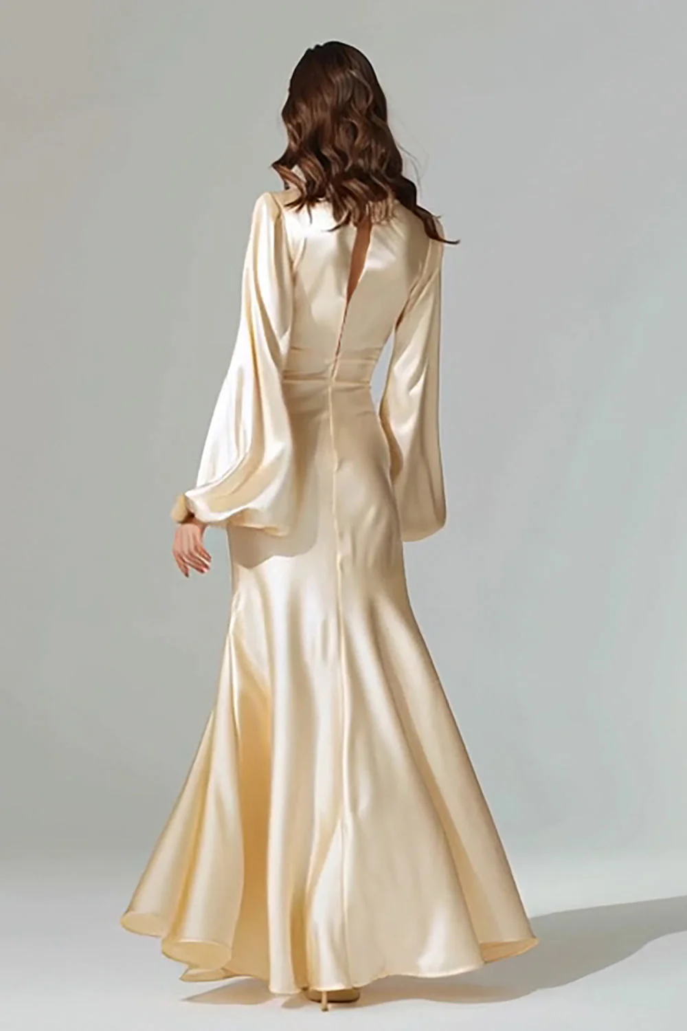 Champagne V-Neck Satin Sheath Long Formal Dress - Image 2