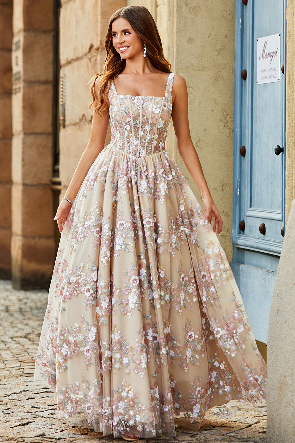 Charming A Line Square Neck Champagne Corset Prom Dress with Appliques - Image 5