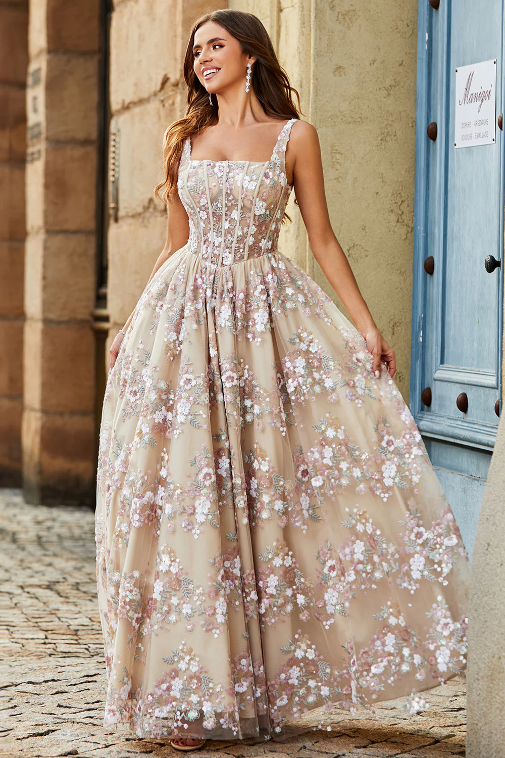 Charming A Line Square Neck Champagne Corset Prom Dress with Appliques - Image 6