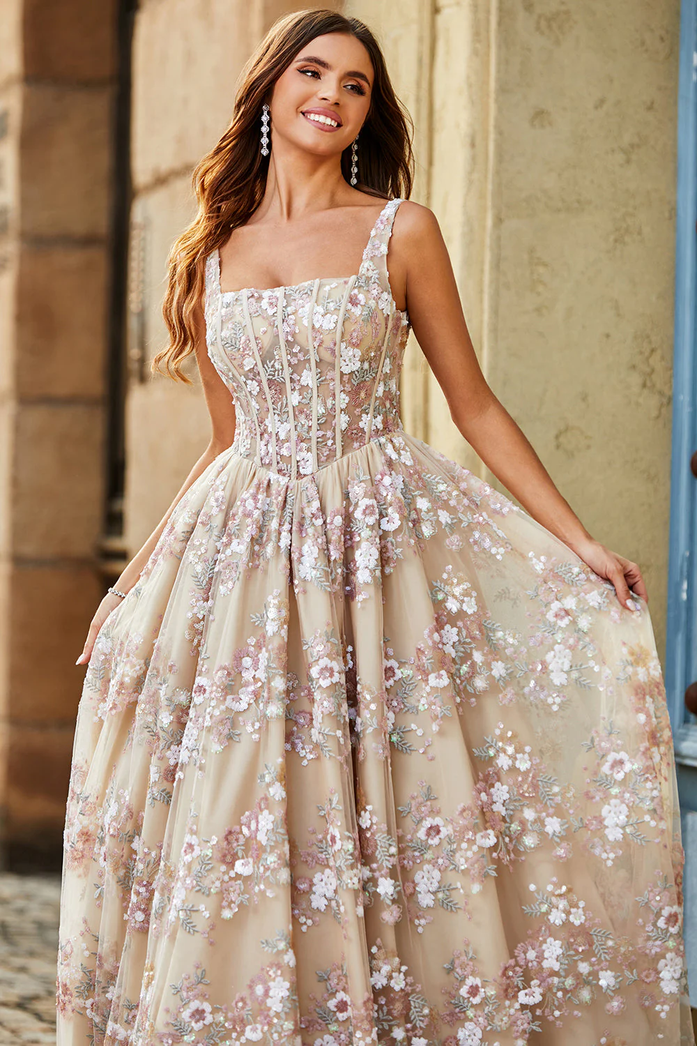 Charming A Line Square Neck Champagne Corset Prom Dress with Appliques - Image 7